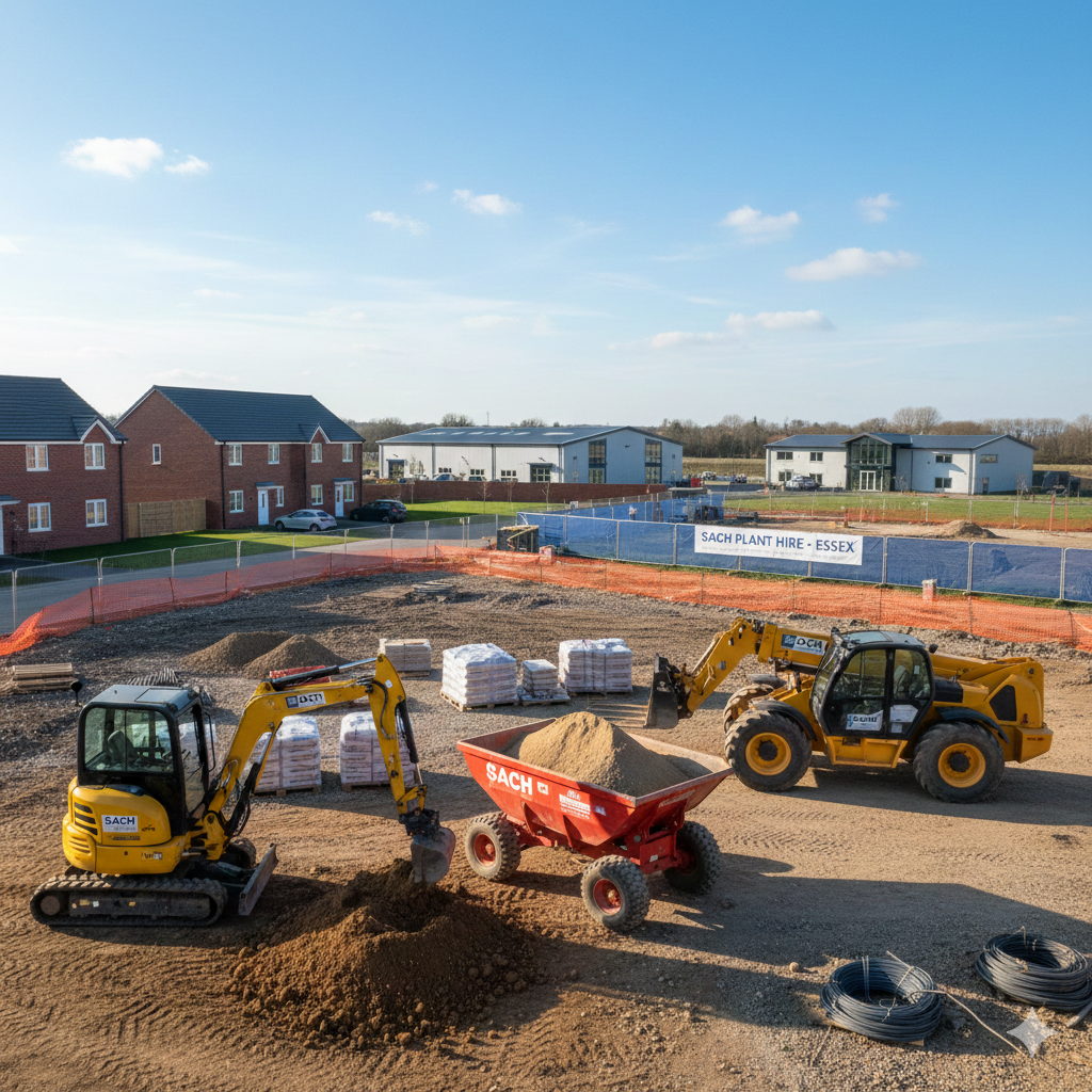 Plant hire machinery including a mini digger, dumper, and telehandler on an Essex construction site.