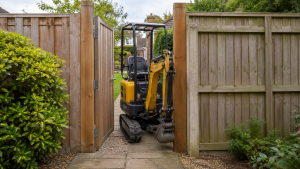 Micro digger passing through a narrow garden gate in Essex