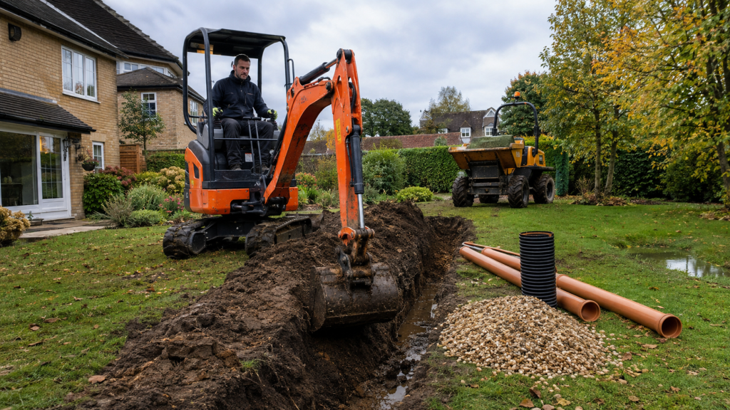 Mini digger excavating a drainage trench in an Essex garden during early autumn